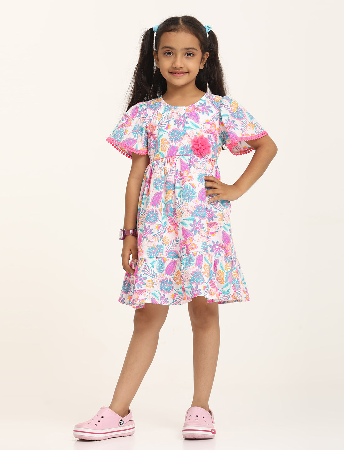 Zion Girls Printed Fit and Flare Dress with Flower Detail and Tie up Tape-White