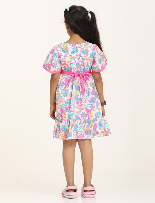 Zion Girls Printed Fit and Flare Dress with Flower Detail and Tie up Tape-White