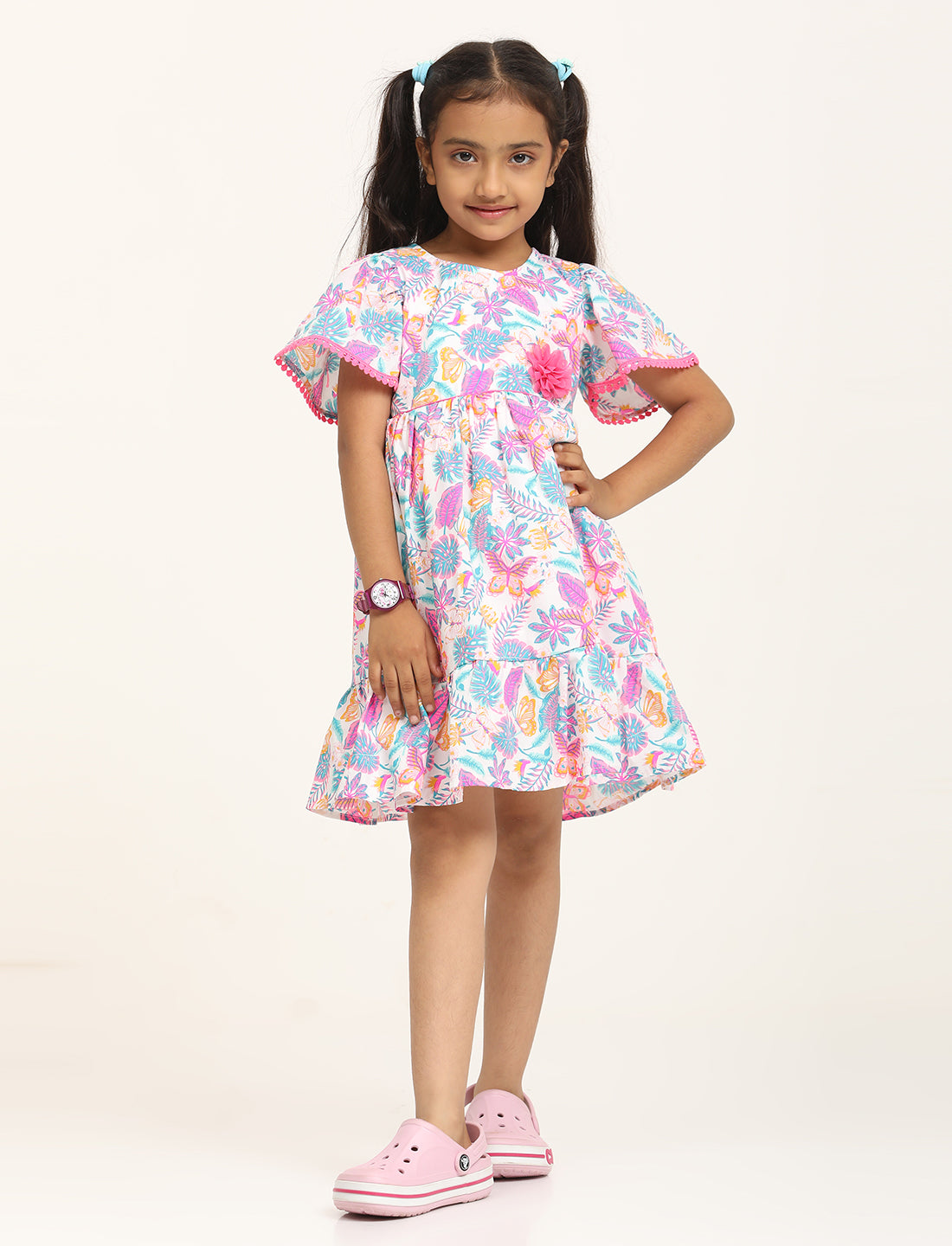 Zion Girls Printed Fit and Flare Dress with Flower Detail and Tie up Tape-White