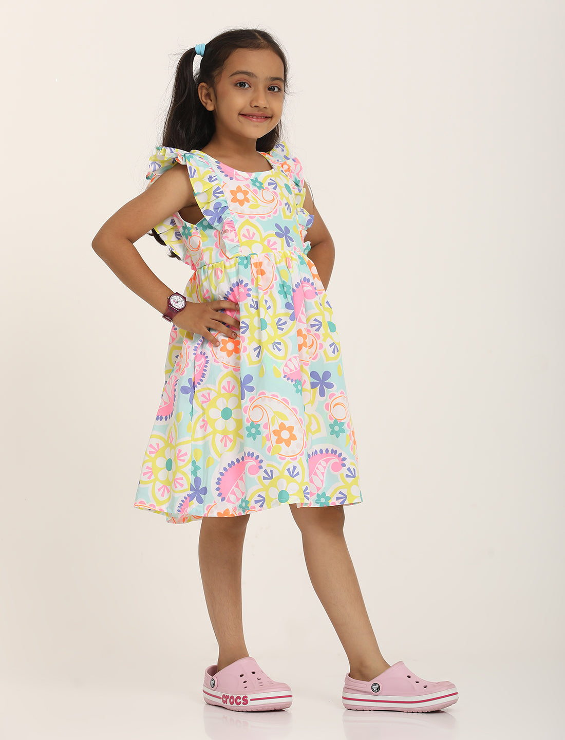 Zion Cotton Conversational Print Ruffled Fit and Flare Dress - Light Blue