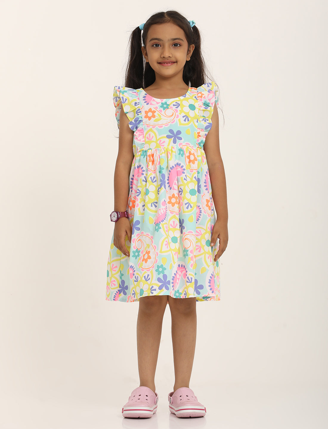 Zion Cotton Conversational Print Ruffled Fit and Flare Dress - Light Blue