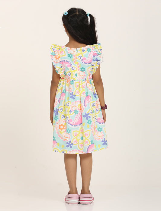 Zion Cotton Conversational Print Ruffled Fit and Flare Dress - Light Blue