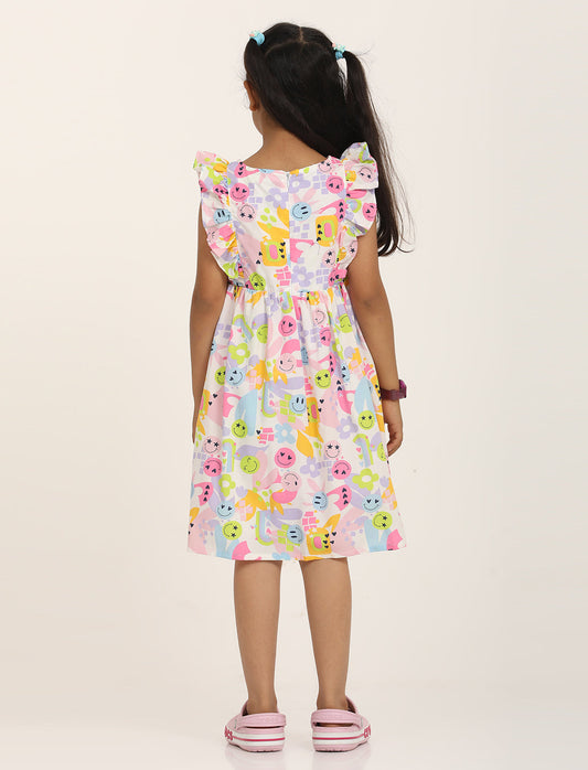 Zion Cotton Smiley Print Ruffled Fit and Flare Dress - White