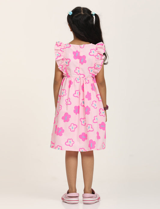 Zion Cotton Floral Printed Ruffle Fit and Flare Dress - Pink