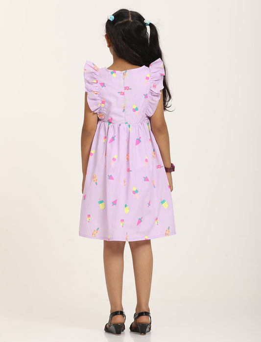 Zion Cotton Popsicle Print Ruffled Fit and Flare Dress - Purple