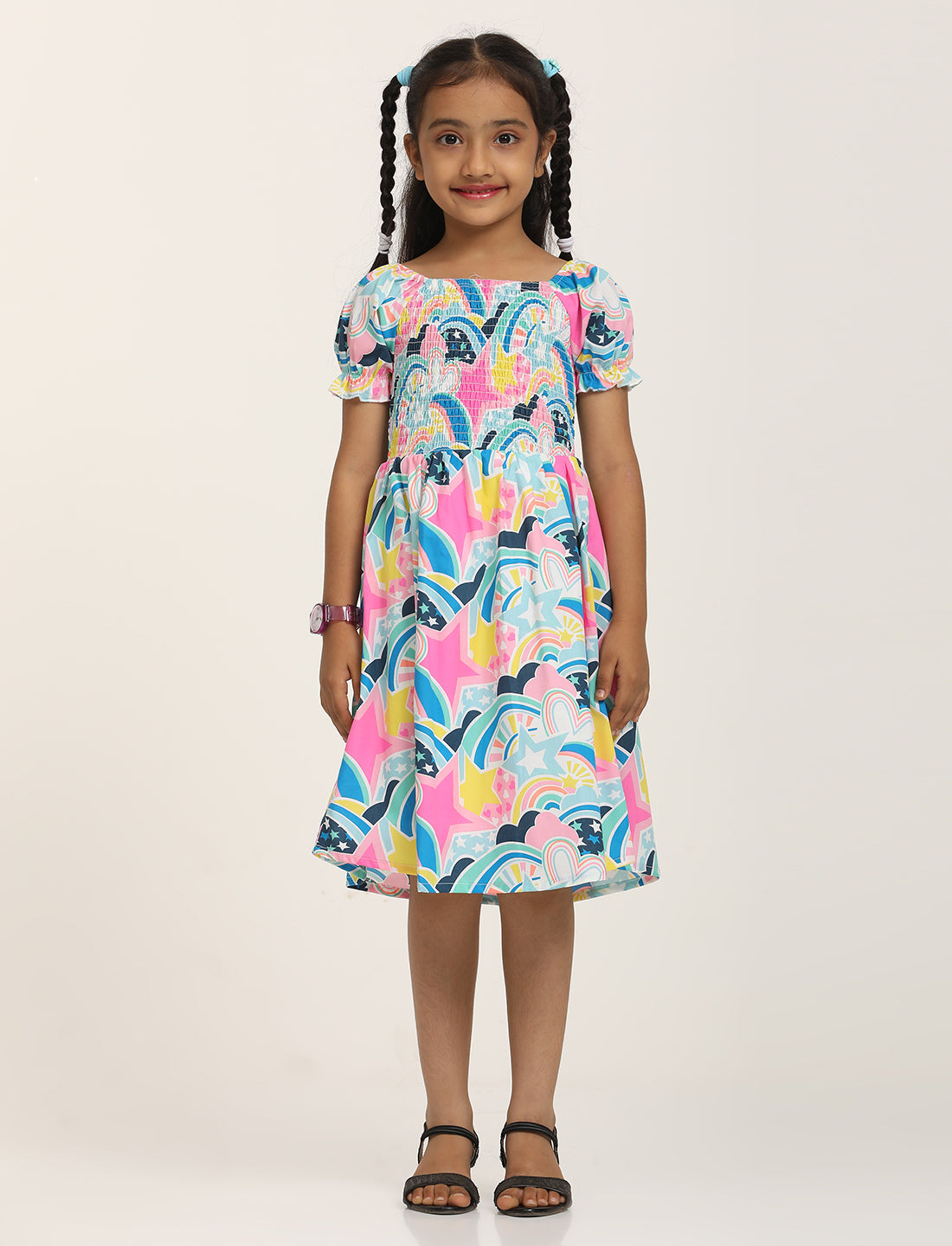 Zion Cotton Half Sleeves Bohemian Printed Smocked Bodice Fit and Flare Dress - Multi color