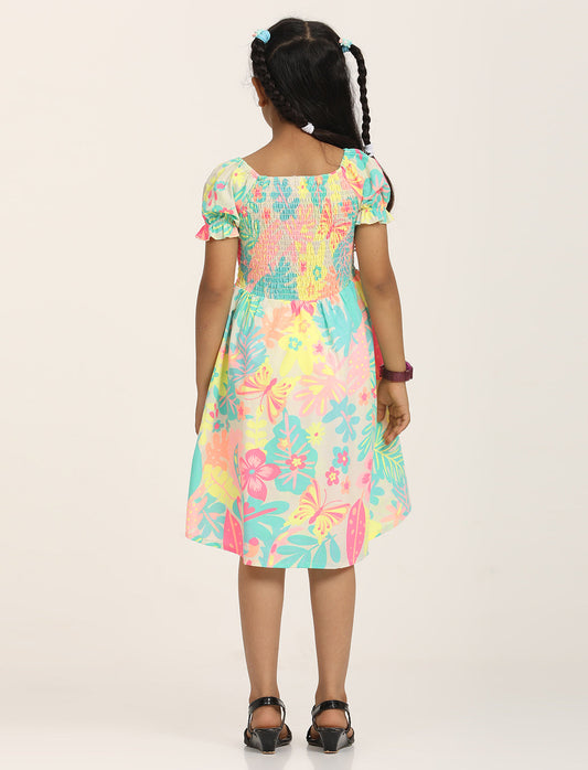 Zion Cotton Half Sleeves Bohemian Printed Smocked Bodice Fit and Flare Dress - Green