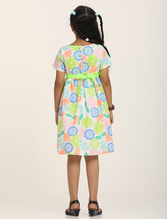 Zion Girls Printed Fit and Flare Dress with Flower Detail and Tie up Tape-Green