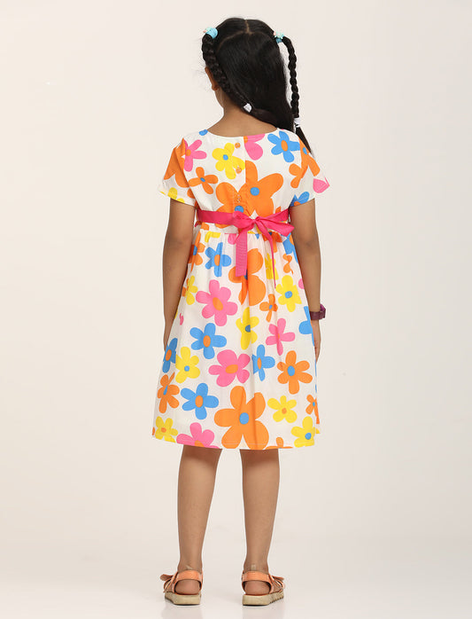 Zion Girls Printed Fit and Flare Dress with Flower Detail and Tie up Tape-Orange