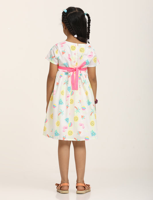 Zion Girls Printed Fit and Flare Dress with Flower Detail and Tie up Tape-White