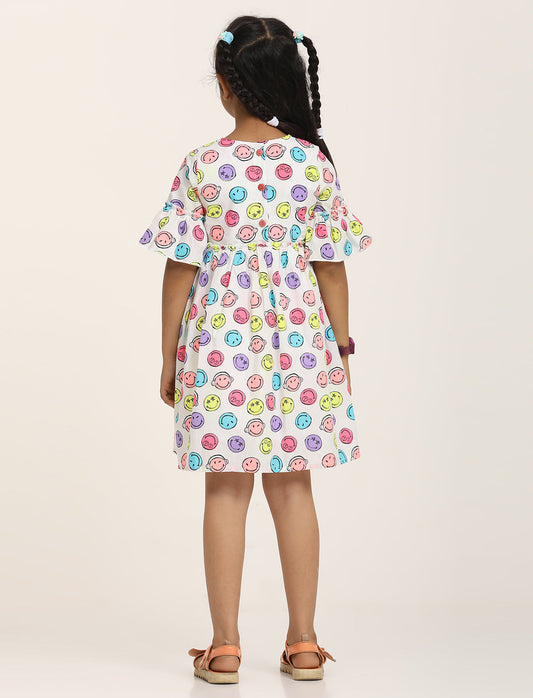 Zion Cotton Smiley Printed Bell sleeve Dress with ruffles Waist - White