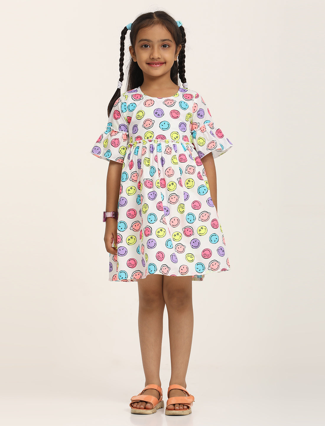 Zion Cotton Smiley Printed Bell sleeve Dress with ruffles Waist - White