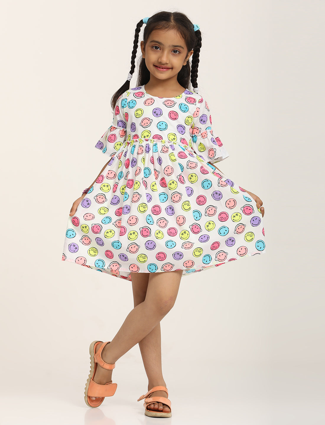 Zion Cotton Smiley Printed Bell sleeve Dress with ruffles Waist - White