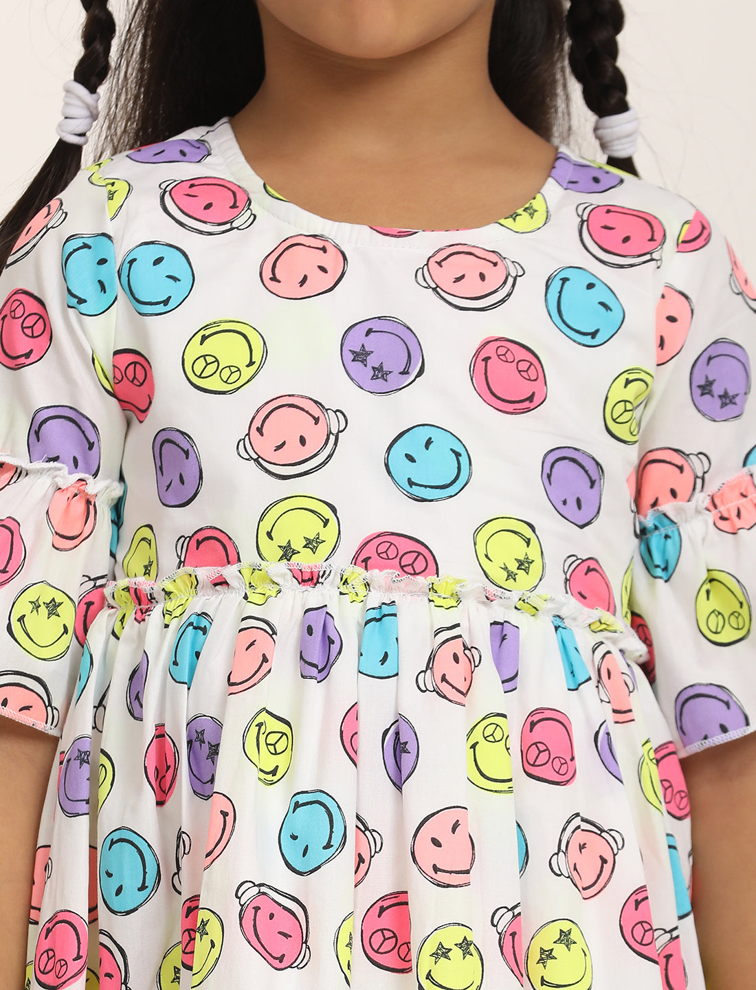 Zion Cotton Smiley Printed Bell sleeve Dress with ruffles Waist - White