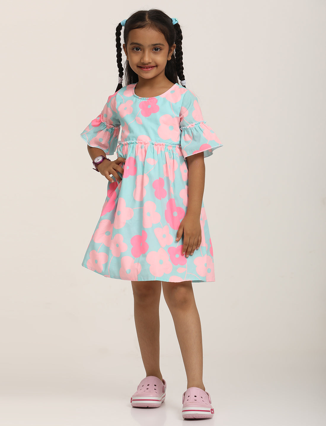 Zion Cotton Floral Printed Bell sleeve Dress with ruffles Waist - Light Blue
