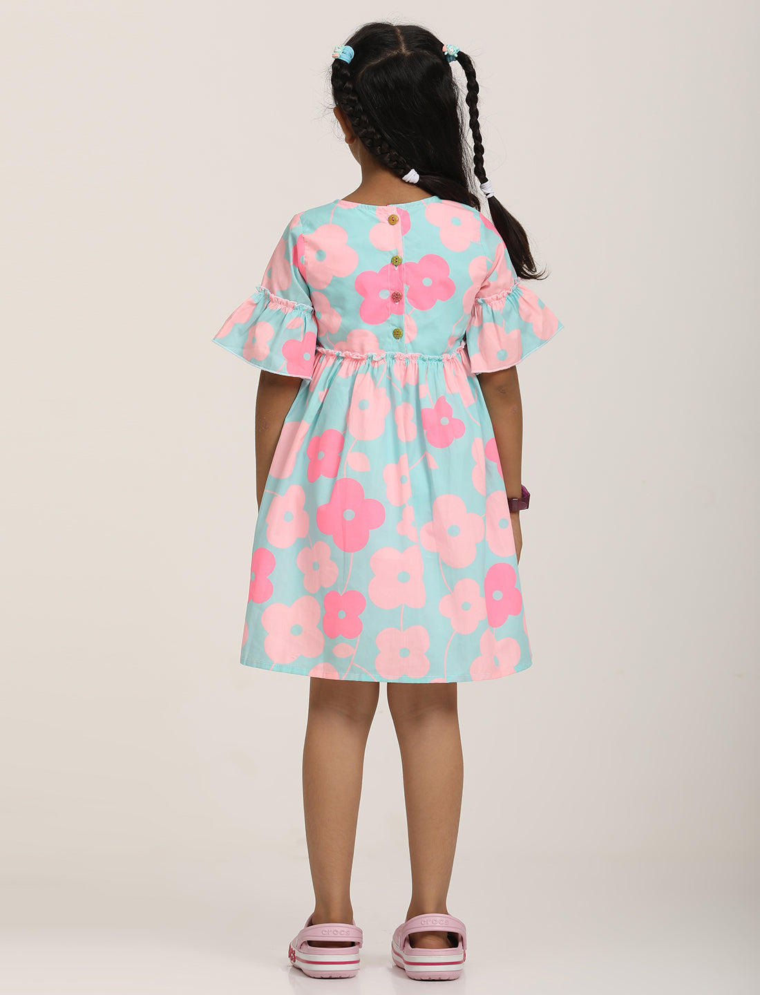 Zion Cotton Floral Printed Bell sleeve Dress with ruffles Waist - Light Blue