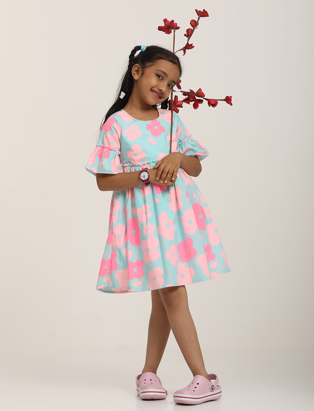 Zion Cotton Floral Printed Bell sleeve Dress with ruffles Waist - Light Blue