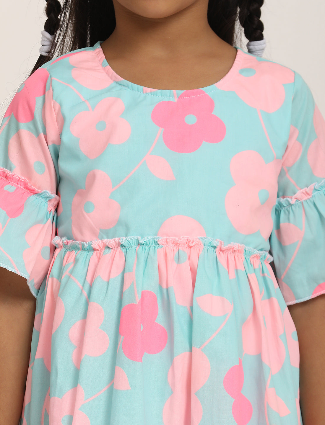 Zion Cotton Floral Printed Bell sleeve Dress with ruffles Waist - Light Blue