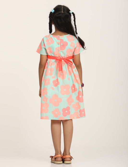 Zion Girls Printed Fit and Flare Dress with Flower Detail and Tie up Tape-Sea Green