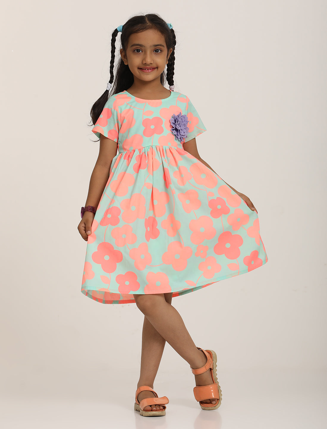 Zion Girls Printed Fit and Flare Dress with Flower Detail and Tie up Tape-Sea Green