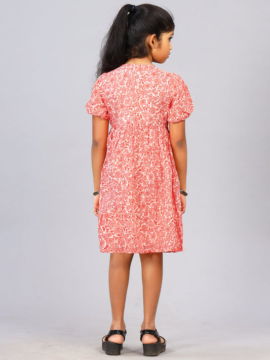 Zion Girls Printed Fit and Flare Dress with Flower Detail and Tie up Tape-White