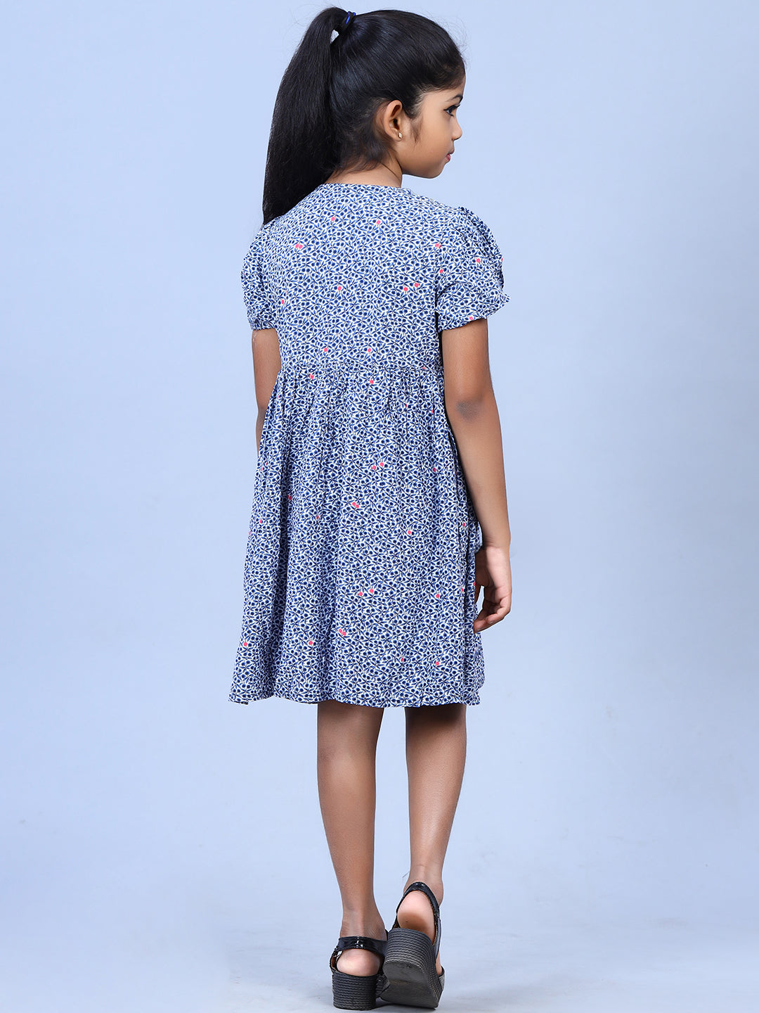 Zion Girls Printed Fit and Flare Dress with Flower Detail and Tie up Tape-Blue