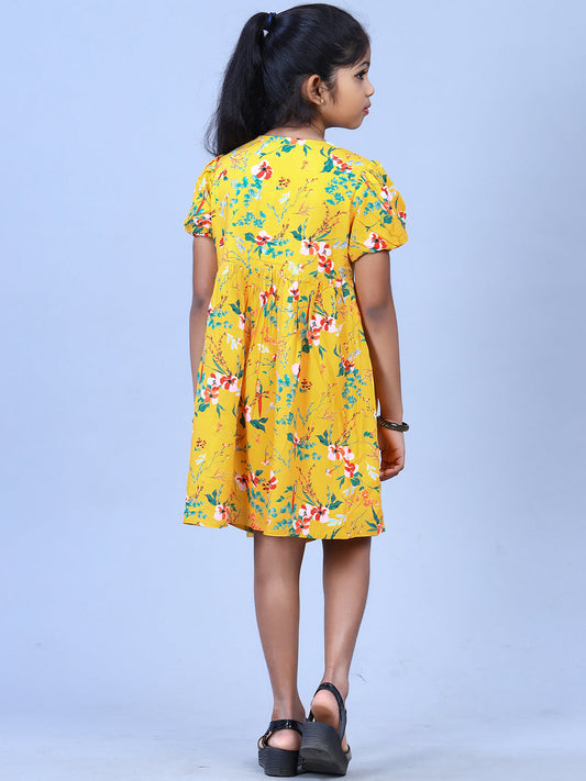Zion Girls Printed Fit and Flare Dress with Flower Detail and Tie up Tape-Yellow