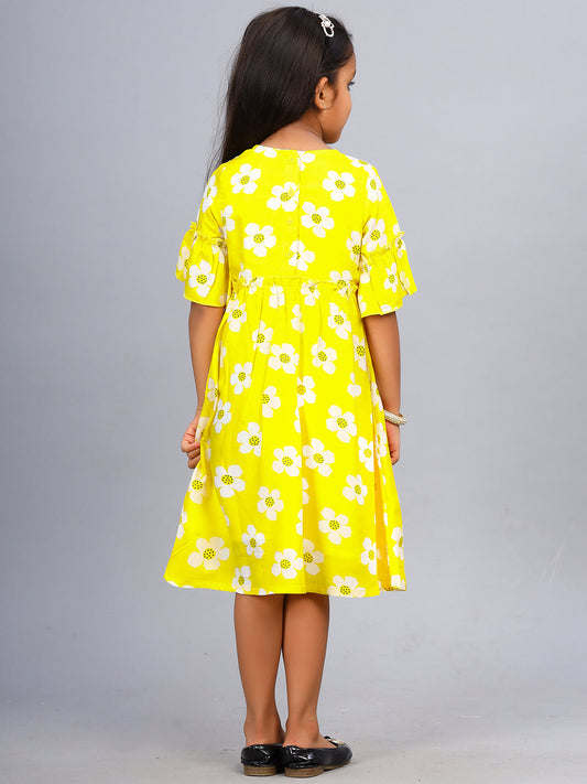 Zion Girls Printed Fit and Flare Dress with ruffle highlights & Bell Sleeves-Yellow