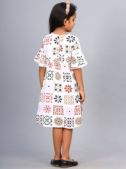Zion Girls Printed Fit and Flare Dress with ruffle highlights & Bell Sleeves-White