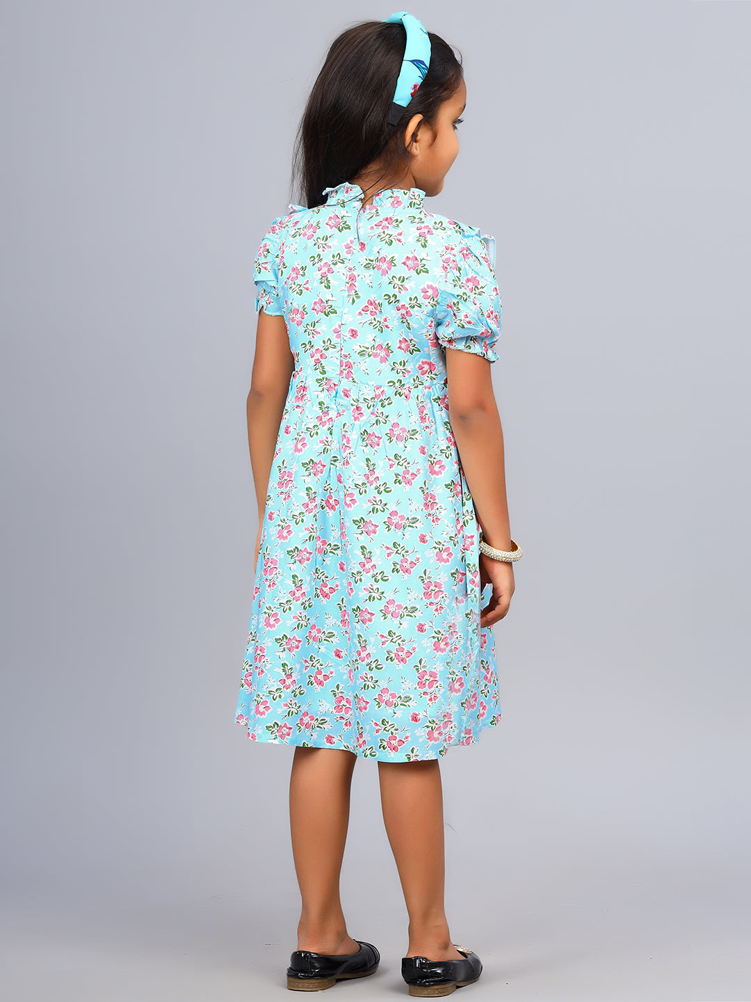 Zion Girls Printed Fit and Flare Dress with Ruffle Highlights & Puff Sleeves-Light Blue