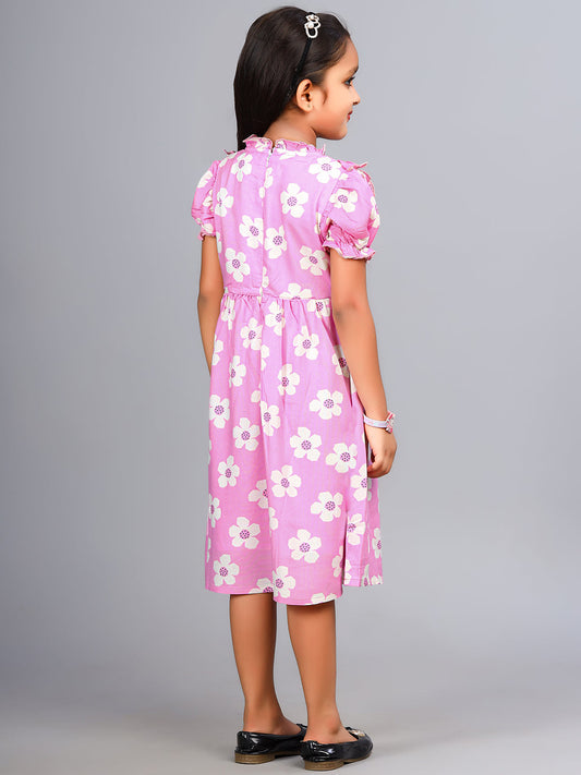 Zion Girls Printed Fit and Flare Dress with Ruffle Highlights & Puff Sleeves-Pink