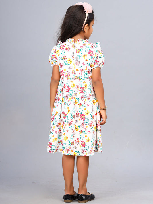 Zion Girls Printed Fit and Flare Dress with Ruffle Highlights & Puff Sleeves-White