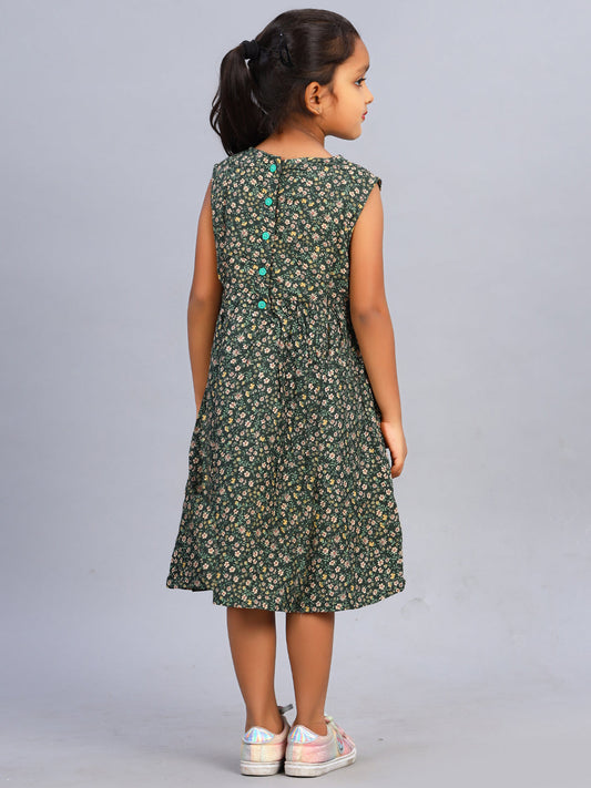 Zion Girls Floral Printed Fit and Flare Dress - Olive
