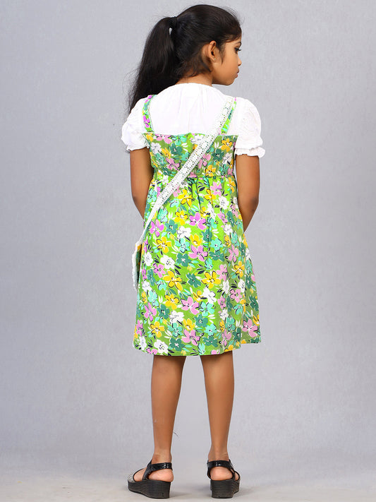 Zion Girls Printed Fit and Flare Dress with pleated bodice & Purse-Green