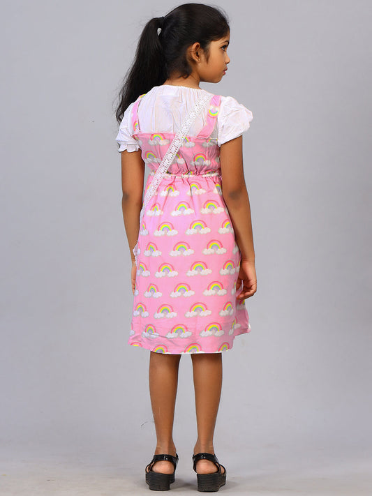 Zion Girls Printed Fit and Flare Dress with pleated bodice & Purse-Multi