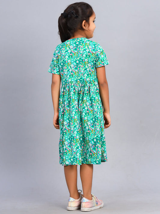 Zion Girls Printed Fit and Flare Dress in Knit - Green