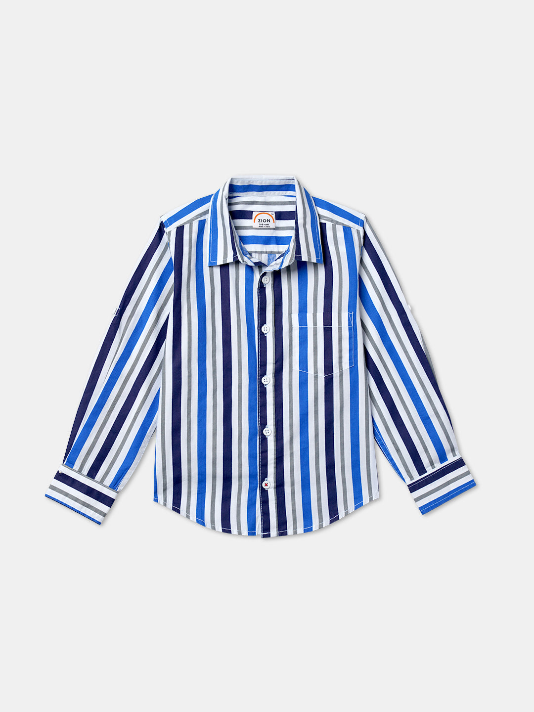 Zion Boys Stripe Shirt with Roll-Up Sleeves-Blue