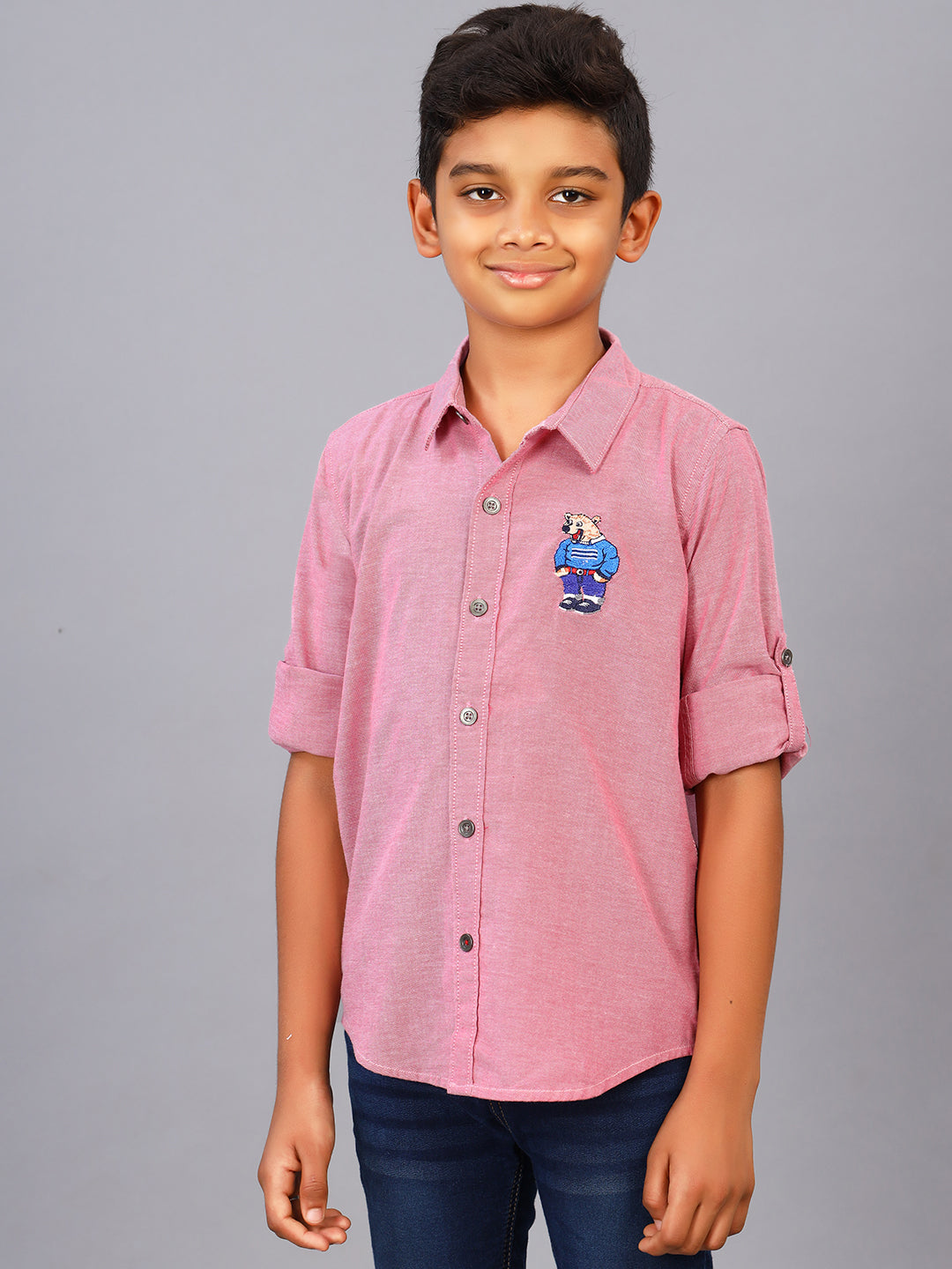 Zion Boys Shirt with Bear Embroidery & Epaulettes-Pink