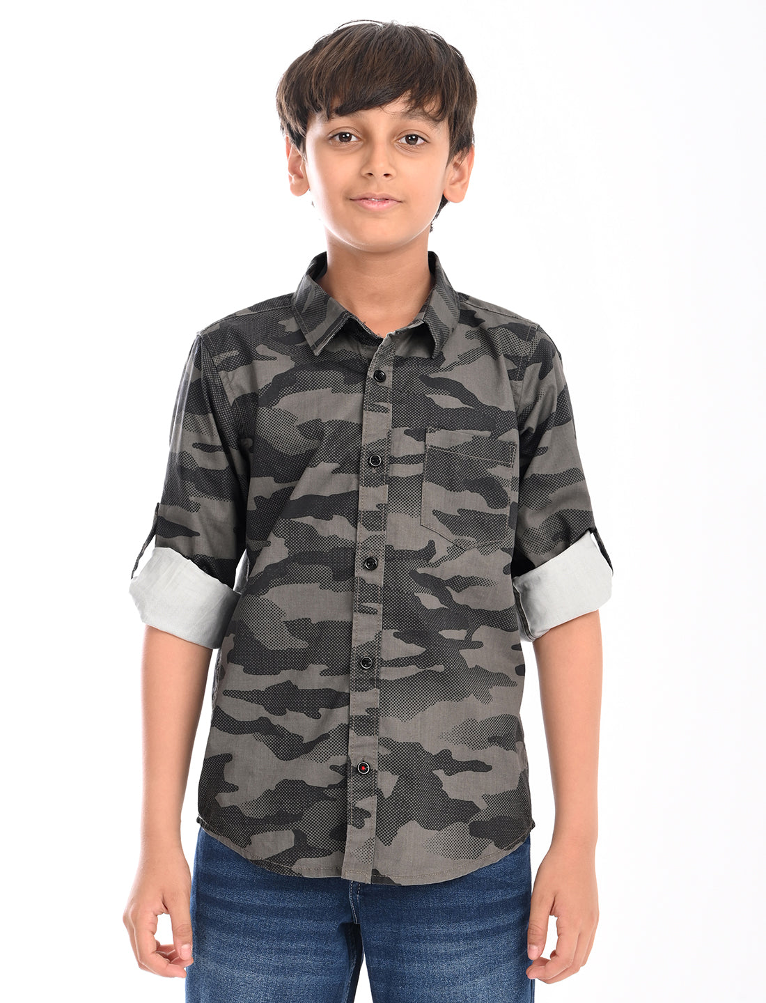 Zion Boys Cotton Full Sleeve Shirt with Military Camoflagued Print - Black