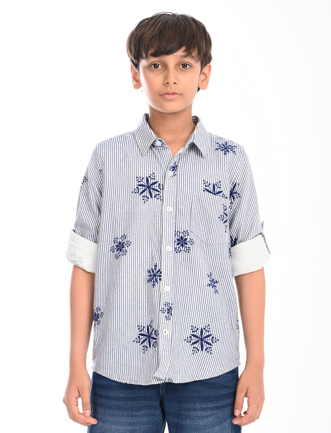 Zion Boys Cotton Half Sleeve Shirt with Striped print with floral motives - Blue