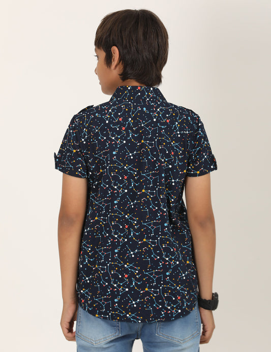 Zion Boys Cotton Half Sleeve Shirt with Dotted Print - Navy