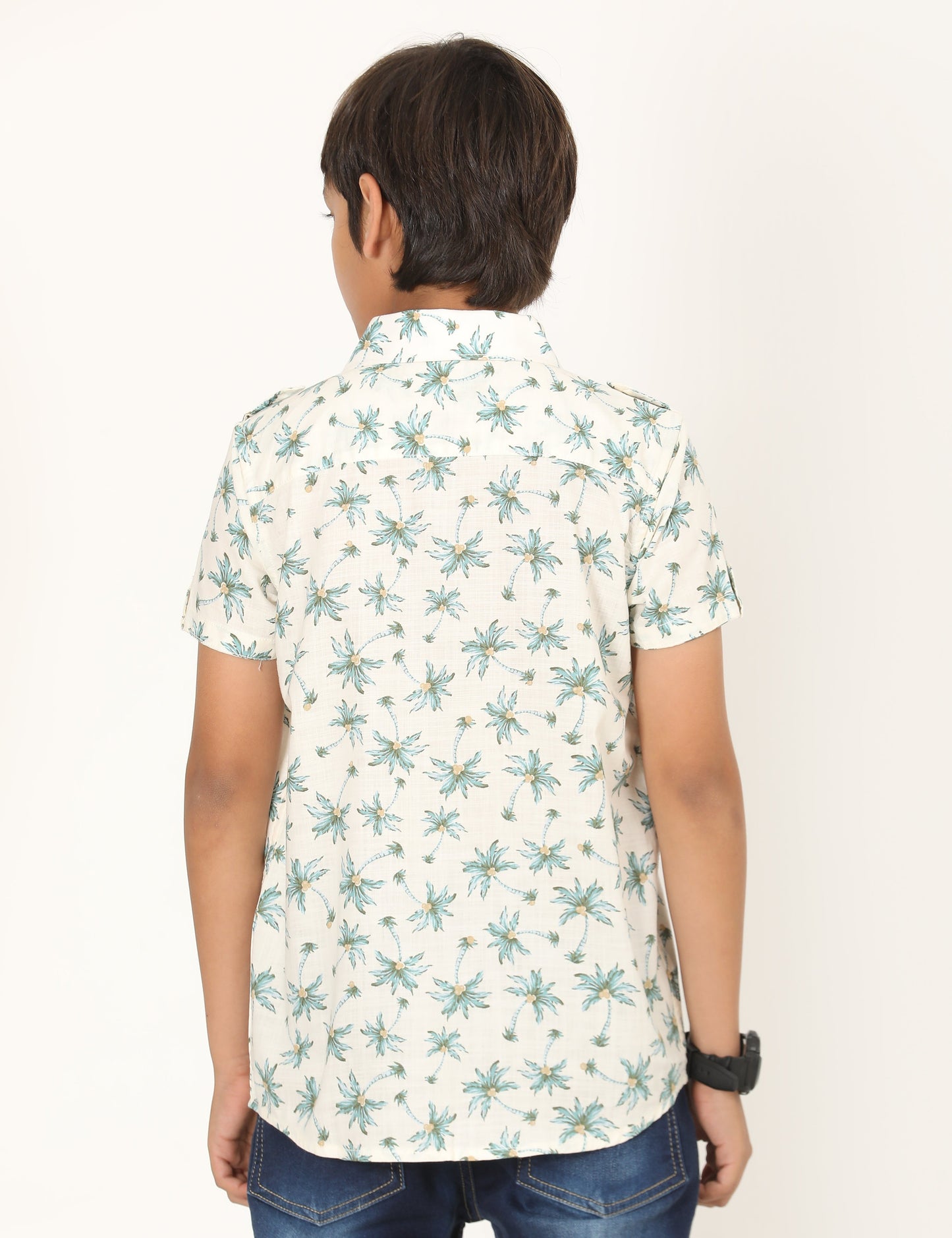 Zion Boys Cotton Half Sleeve Shirt with Plam Tree Printed - Off White