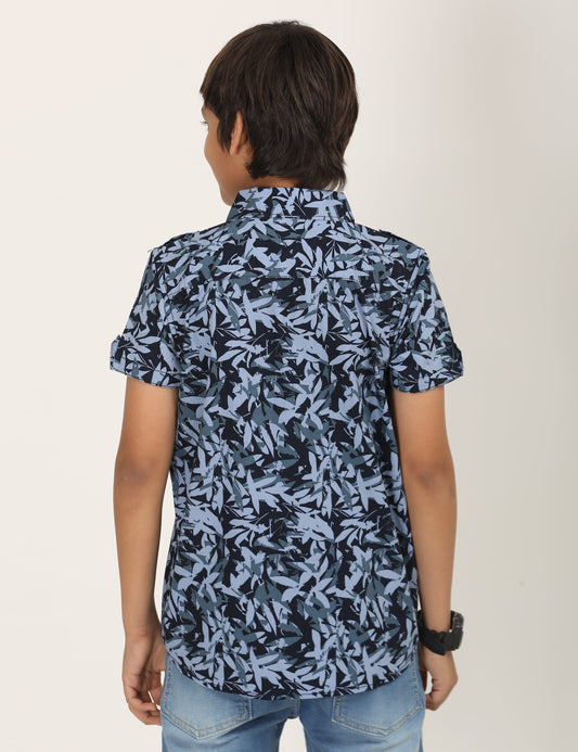 Zion Boys Cotton Half Sleeve Shirt with Nature Printed - Navy