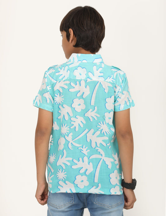 Zion Boys Cotton Half Sleeve Shirt with Abstract Floal Printed - Aqua