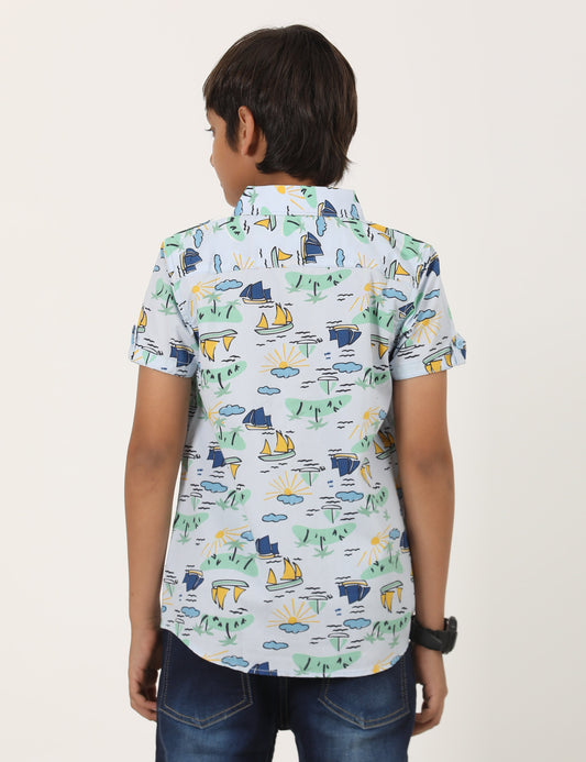Zion Boys Cotton Half Sleeve Shirt with Conversational Print - Light Blue