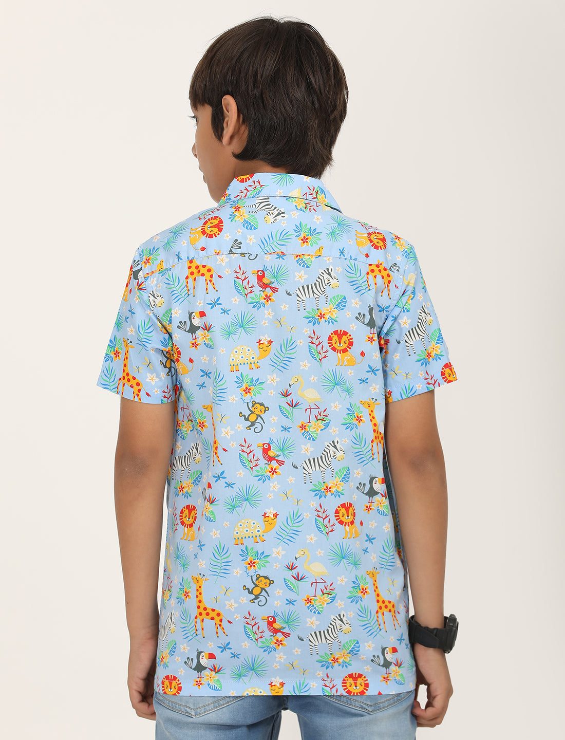 Zion Boys Cotton Half Sleeve Open Collar Shirt with Conversational Print - Aqua