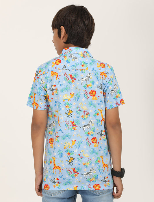 Zion Boys Cotton Half Sleeve Open Collar Shirt with Conversational Print - Aqua