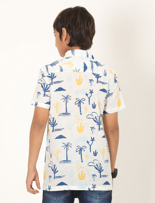 Zion Boys Cotton Half Sleeve Open Collar Shirt with Abstract Print - White