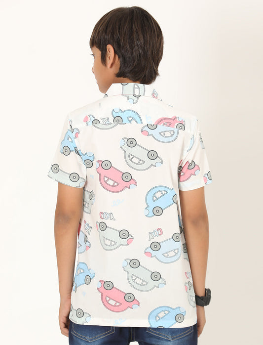 Zion Boys Cotton Half Sleeve Open Collar Shirt with Car Print - Multi