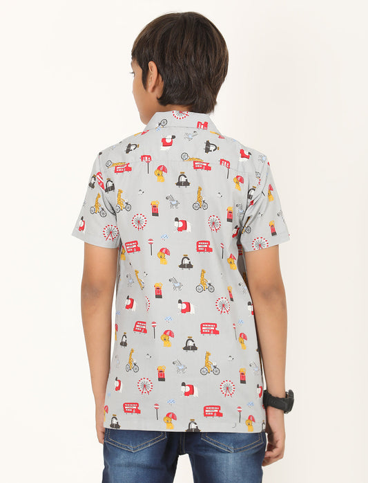 Zion Boys Cotton Half Sleeve Open Collar Shirt with Cartoon Printed - Multi